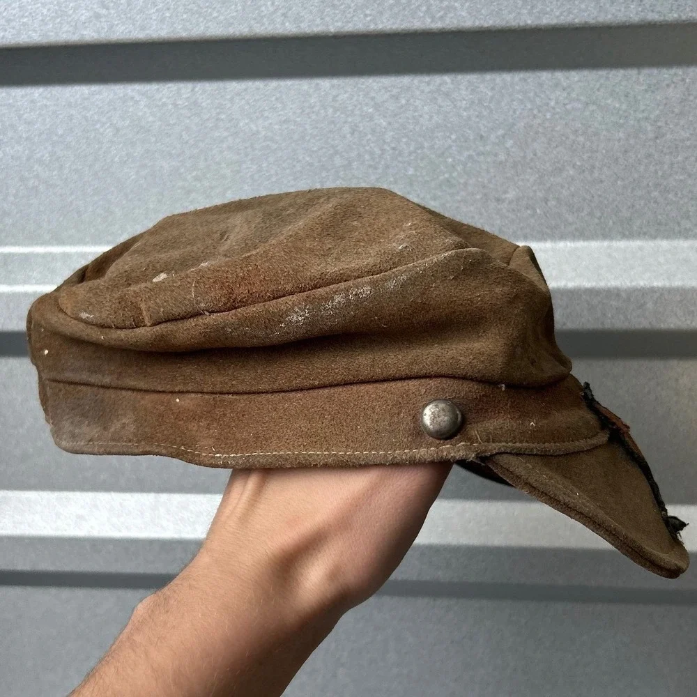 Vintage 1940s Harley Davidson Leather Motorcycle Cap Brown Biker Hat Eagle Patch
